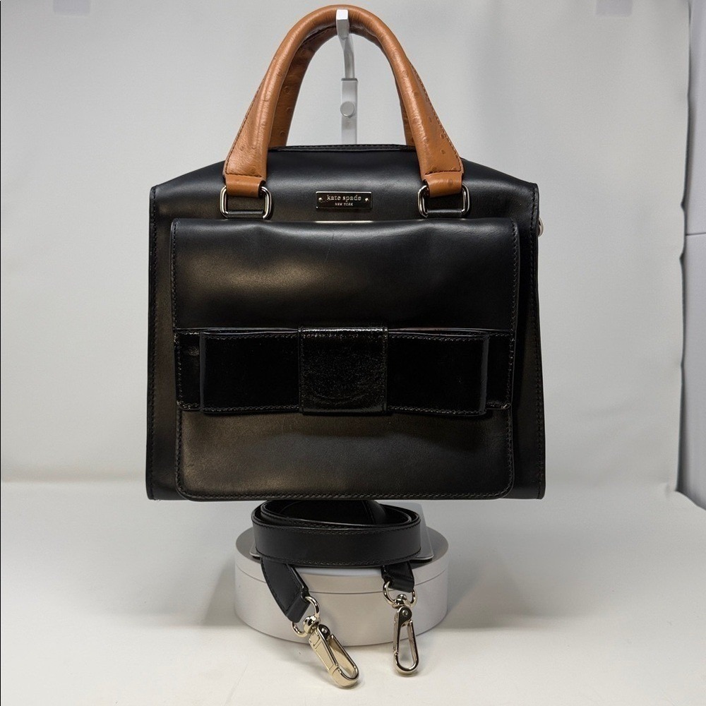 Kate Spade Bow Bridge Kennedy Satchel Black Leather Ostrich Trim Crossbody Bag - Picture 4 of 11
